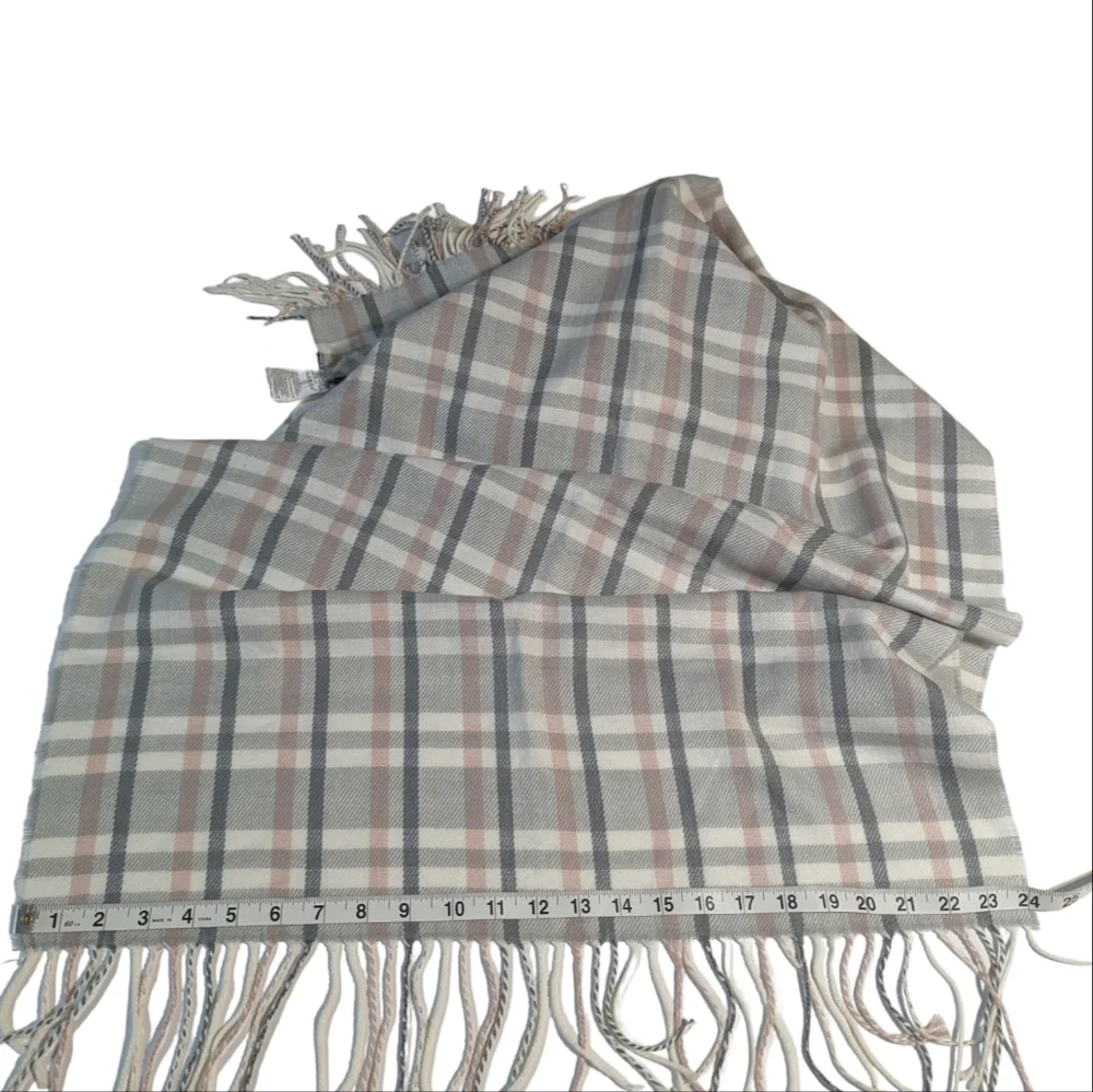 Banana Republic Factory Tartan Gray, White and Pink Plaid Fringe Scarf